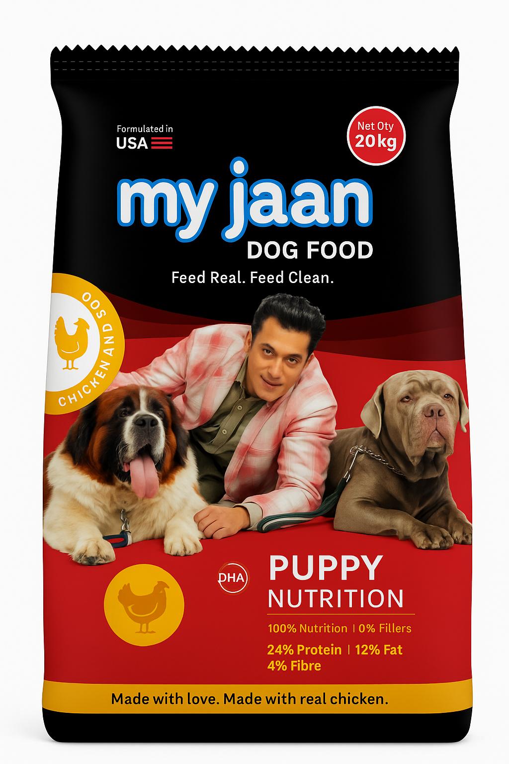 My Jaan Dog Food premium product pack with real chicken